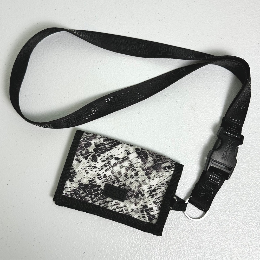 Pink Victoria's Secret Lanyard Wallet Snakeskin Grey Black Logo Strap Buckle